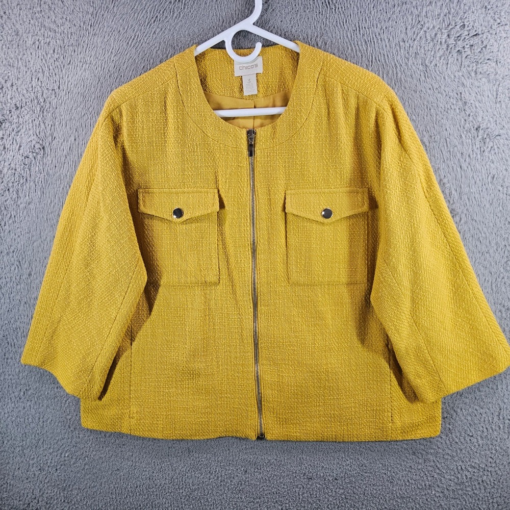 Chicos Mustard Yellow Tweed Zip Front Jacket Womens Size 3 Large XL Cotton Lined